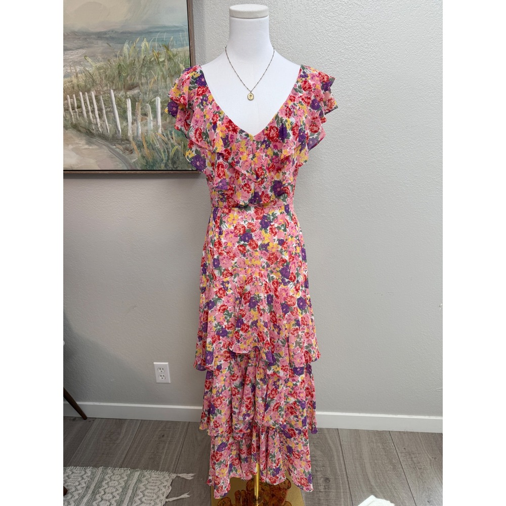 WAYF Pink Floral Ruffle Tiered Maxi Dress Sleeveless V-Neck Size S